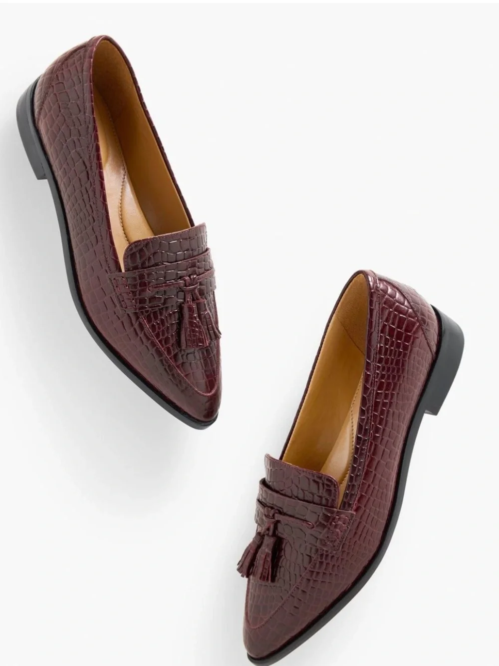 Talbots Croc-Embossed Pointed-Toe Burgundy Tassel Leather loafers Size 9M